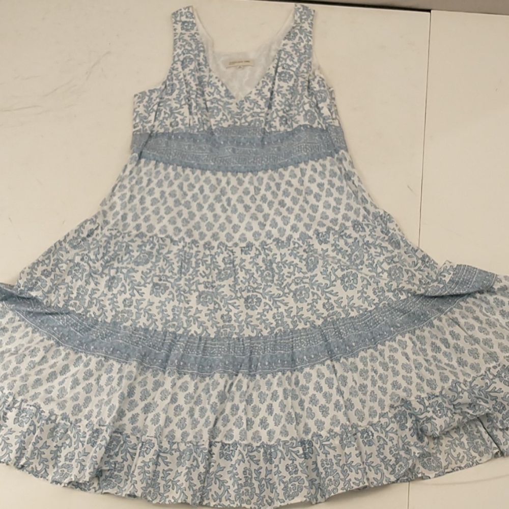Cotton Block Print Summer Dress Wedgewood Blue & White Lined Midi Tiered Skirt - Picture 9 of 9